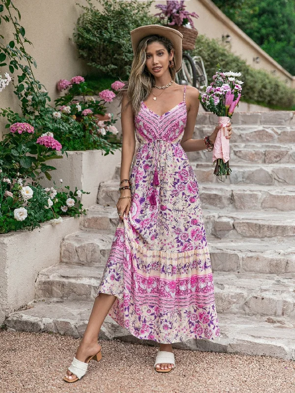 Tassel Printed V-Neck Maxi Dress Leather maxi dresses