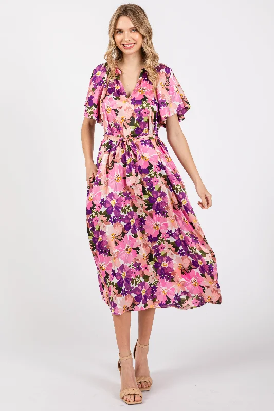 Violet Floral V-Neck Short Puff Sleeve Tie Waist Satin Midi Dress Clubbing midi dresses