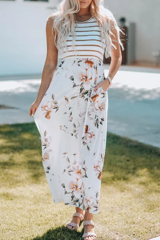 White Striped Floral Print Sleeveless Maxi Dress with Pocket Flowy maxi dresses