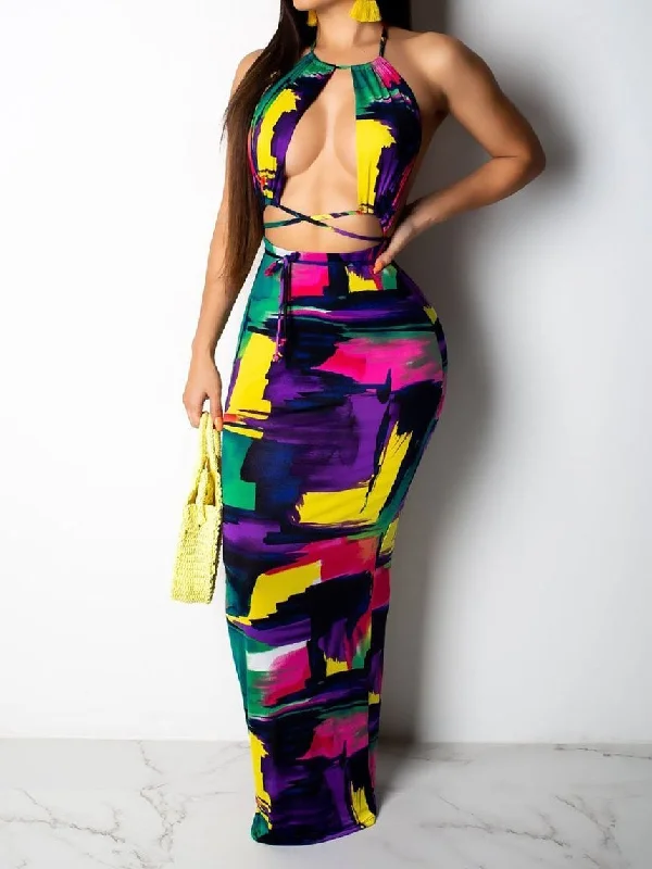 Women ColorBlock Halter Bandage Crop Top & Maxi Dress Sets Vintage maxi dresses