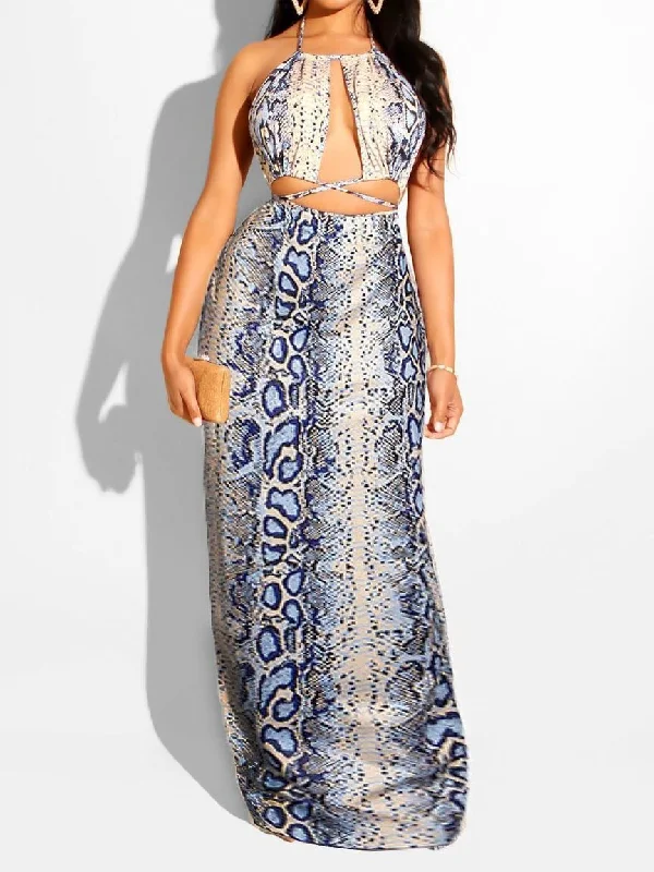 Women Snakeskin  Halter Bandage Crop Top &  Maxi Dress Sets Vacation maxi dresses