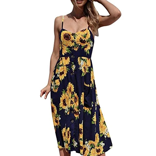 Women's Dresses-Summer Floral Bohemian Spaghetti Strap Button Down Midi Dress with Pockets Flowy midi dresses