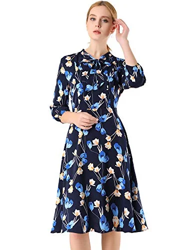 Women's Floral Tie Neck 3/4 Sleeve Work Midi Flowy Flare Dress | Original Brand Women's midi dresses