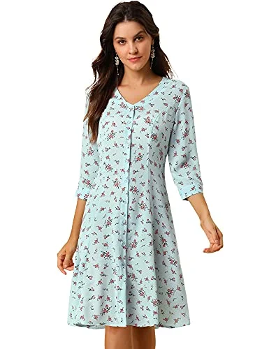 Women's Floral Vintage V Neck 3/4 Sleeves Flare Button Front Midi Dress | Original Brand Chiffon midi dresses