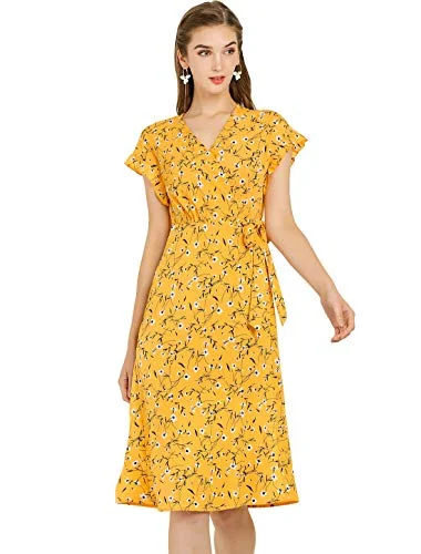 Women's Flutter Sleeve V Neck Belted A-Line Wrap Midi Floral Dress | Original Brand Sexy midi dresses