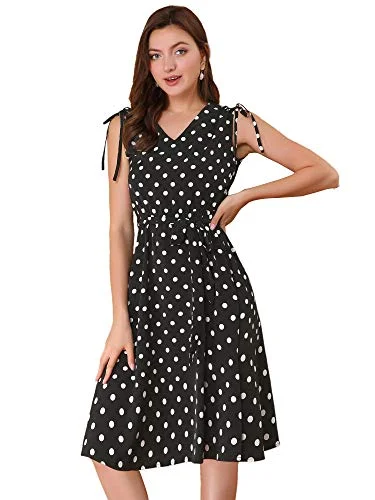 Women's Polka Dots 1950s Vintage V Neck A-Line Sleeveless Midi Dress | Original Brand Comfortable midi dresses for everyday wear