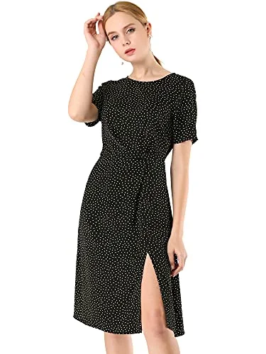 Women's Polka Dots Short Sleeve Slit Front Casual Office Midi Dress | Original Brand Women's trendy midi dresses sale