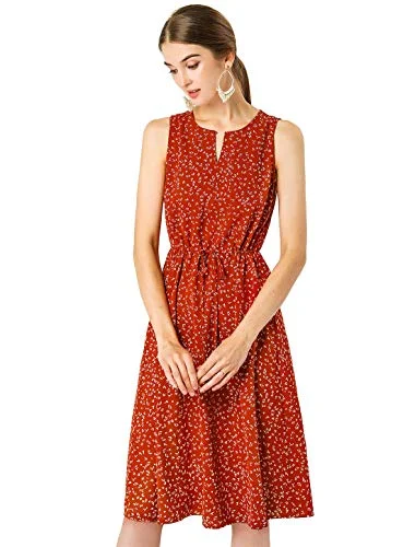 Women's Printed Split Neck Drawstring Sleeveless A-Line Midi Dress | Original Brand Hot new arrivals in midi dresses