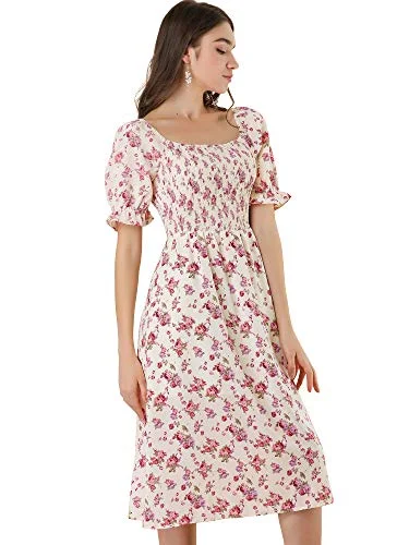 Women's Square Neck Puff Sleeves Casual Midi Smocked Floral Dress | Original Brand Silk midi dresses