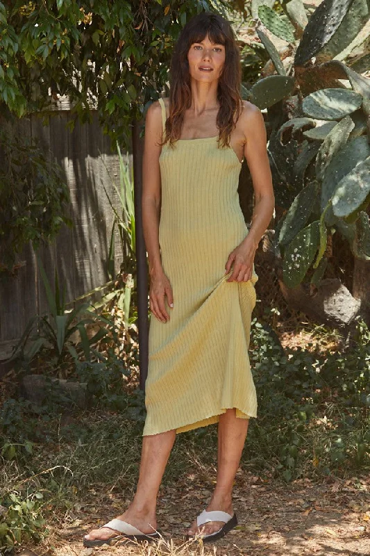 Yellow Square Neck Ribbed Sleeveless Midi Dress Stretchy midi dresses