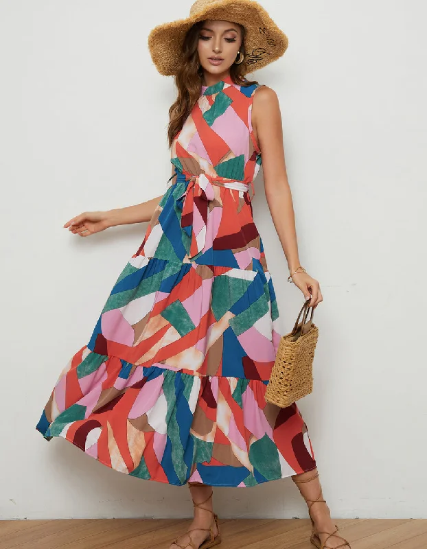 All Over Print Round Neck Belted Long A-Line Dresses Silk floral dresses