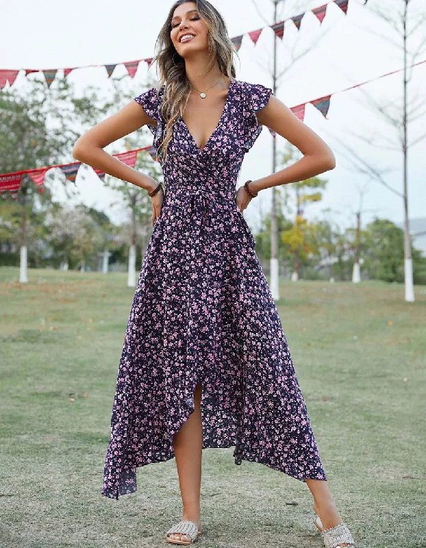 Disty Floral Bohemian V-Neck Asymmetrical Long A-Line Dresses Satin floral dresses