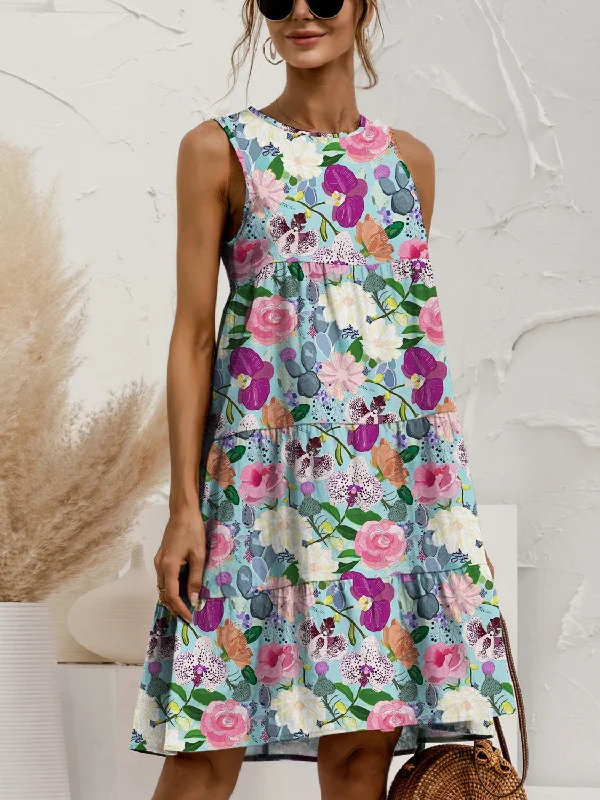 FAM-FAM Printed Round Neck Sleeveless Tiered Dress Casual floral dresses