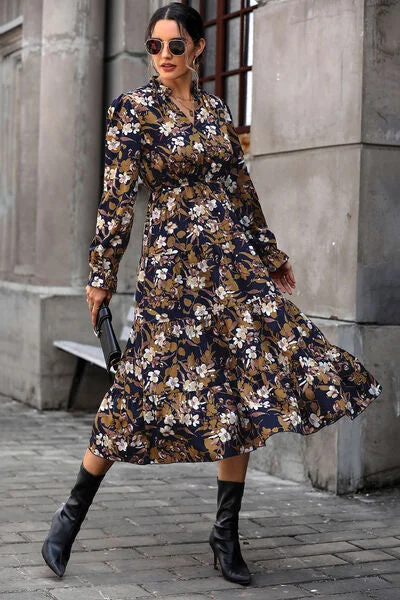 Floral Flounce Sleeve Tiered Dress Midi floral dresses