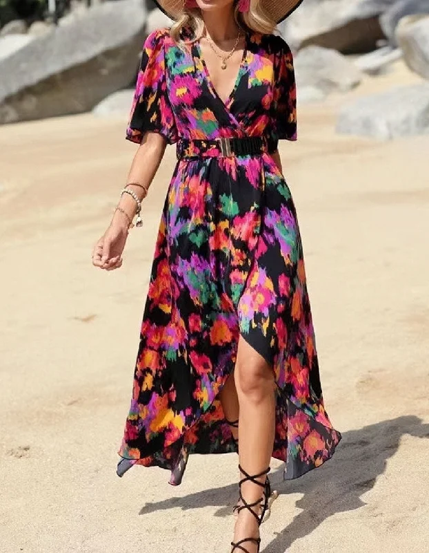 Floral Print V Neck Short Sleeve Asymmetrical Long A-Line Dresses Halter floral dresses