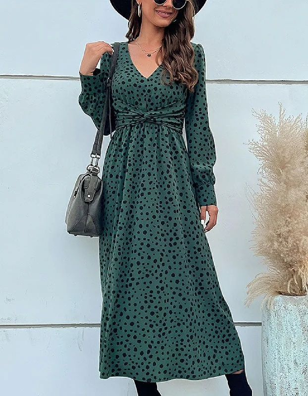 Green Long Sleeve Leopard Printed V Neck Mid Waist Mid A-Line Dresses Retro floral dresses