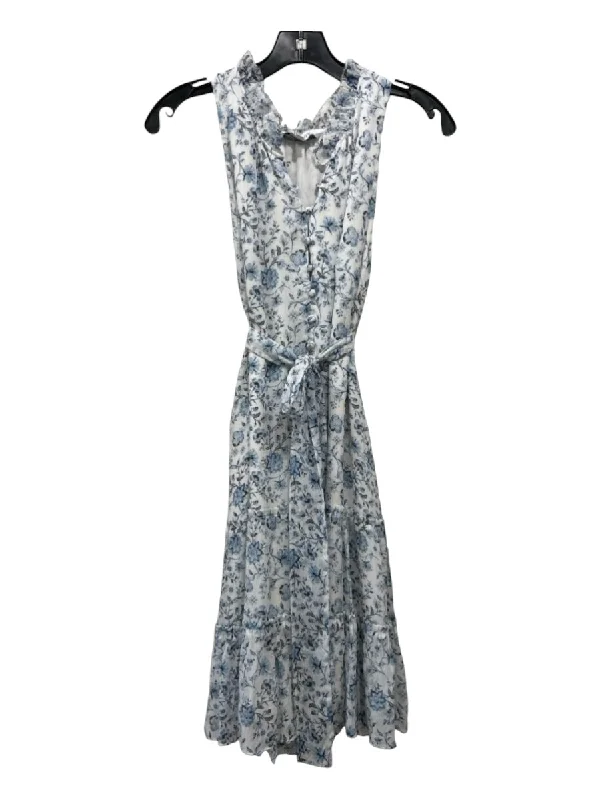 Intermix Size 8 White, Blue & Gold Silk metalic Floral Sleeveless Dress Expensive floral dresses