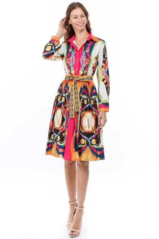 Multi Print Pleated Dress High-end floral dresses