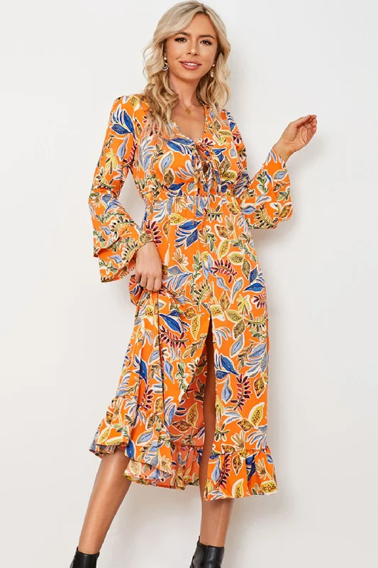 Printed Layered Flare Sleeve Split Tied Dress Summer floral dresses