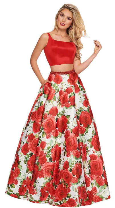 Rachel Allan 6589 Red Floral 2 Piece Ballgown with Pockets Luxury floral dresses