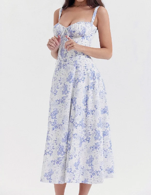 Solid-color Disty Floral Strap French Long A-Line Dresses Chiffon floral dresses