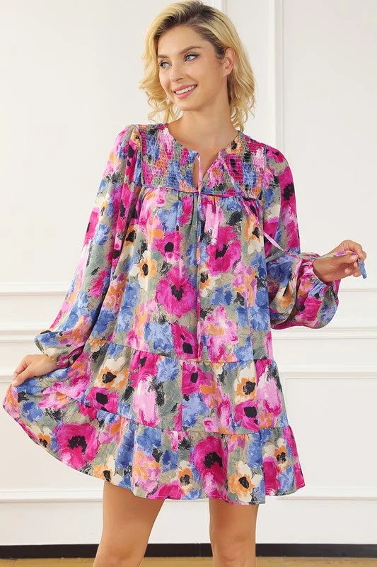 Women Floral Tie Neck Bubble Sleeve Shift Dress Best floral dresses for elegant looks