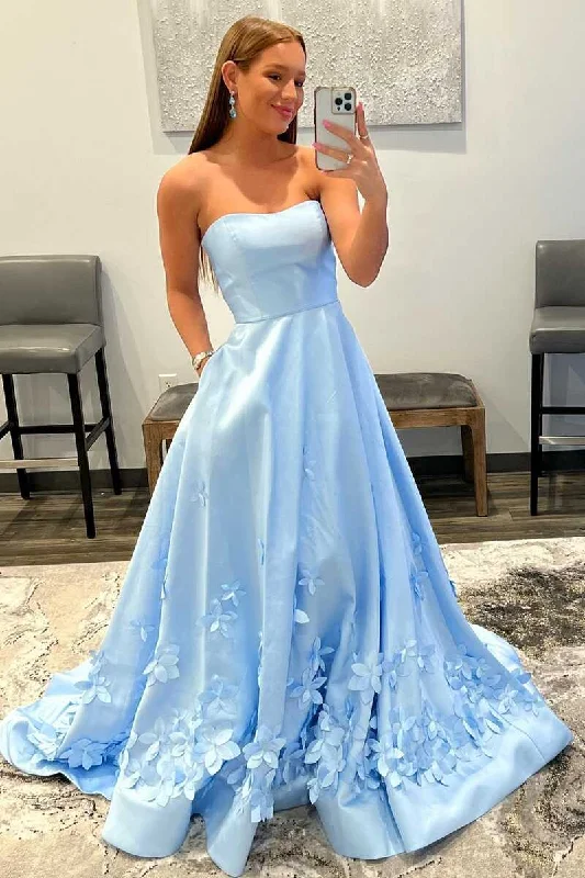 3D Flower Light Blue Strapless A-Line Prom Dress Embroidered unclassified dresses