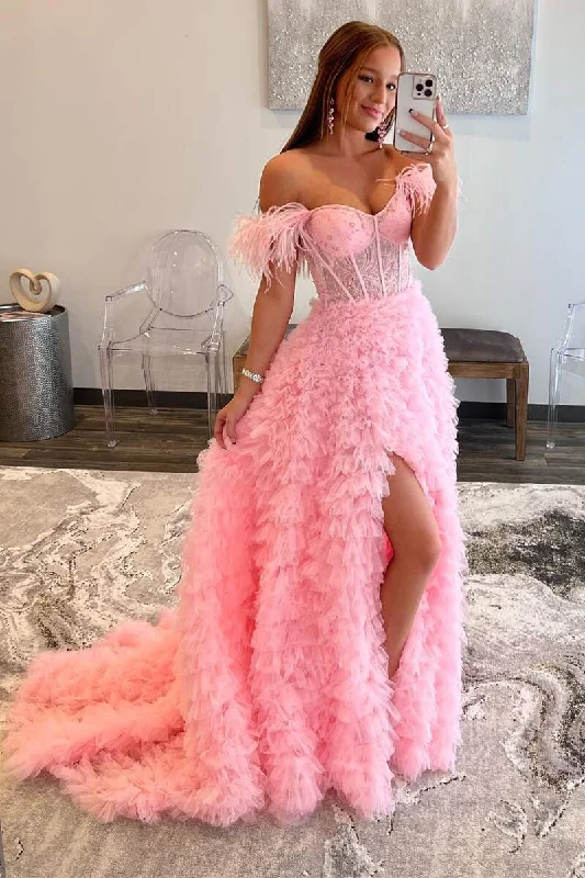 A-Line Sweet Pink Off-the-Shoulder Bustier Feather Prom Gown Trendy unclassified dresses