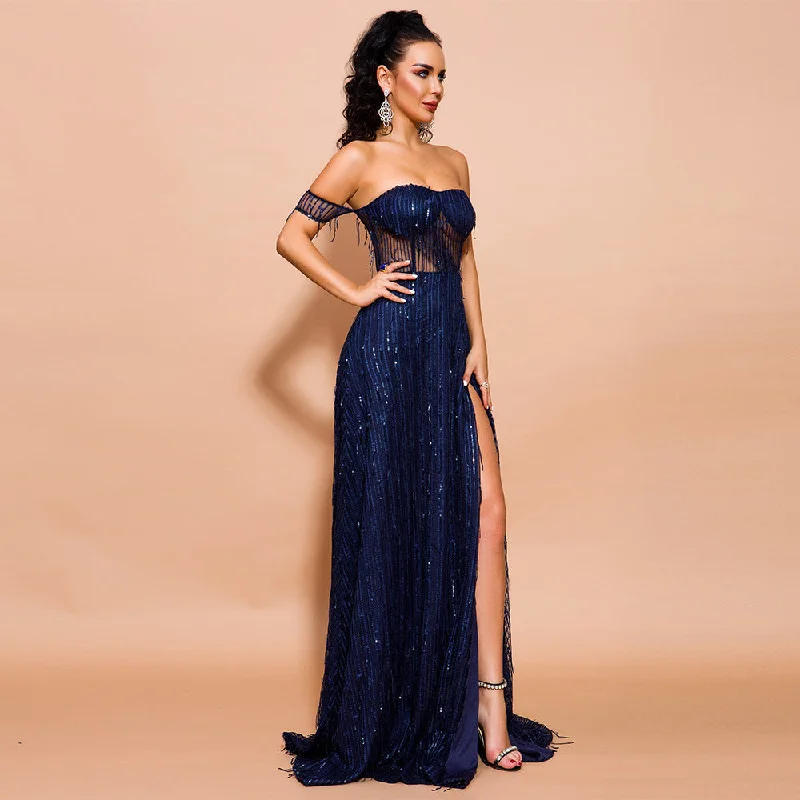 Backless fringed dress-Blue Dark color unclassified dresses