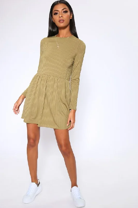 Khaki Khaki Basic Jumbo Rib Smock Dress Stylish unclassified dresses