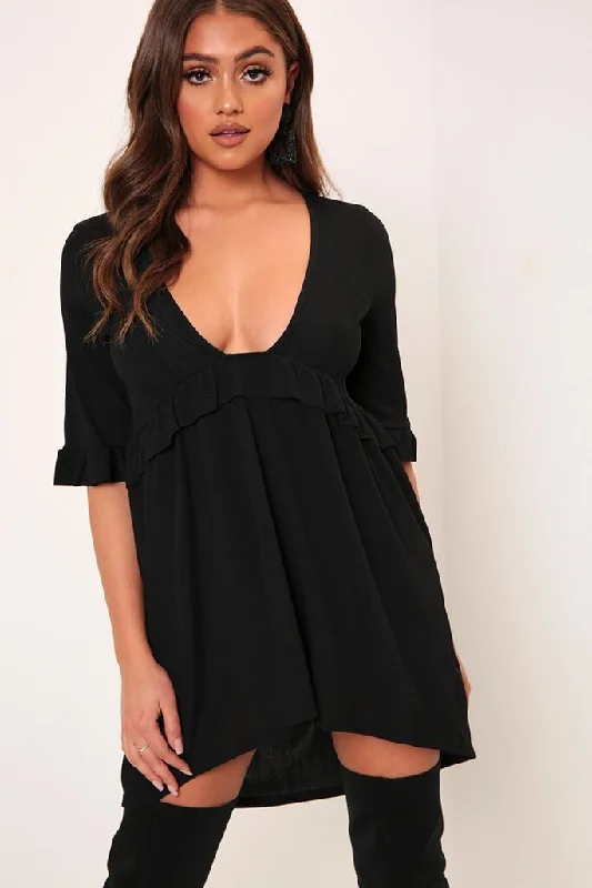 Black Basic Plunge Neck Frill Detail Ribbed Smock Dress Elegant unclassified dresses