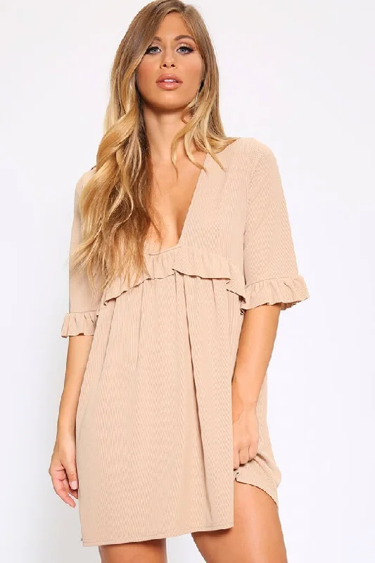 Sand Basic Plunge Neck Frill Detail Ribbed Smock Dress Breathable unclassified dresses