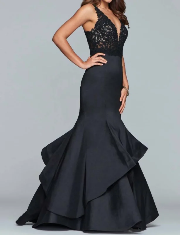 Beaded Bodice Evening Gown in Black Lace unclassified dresses