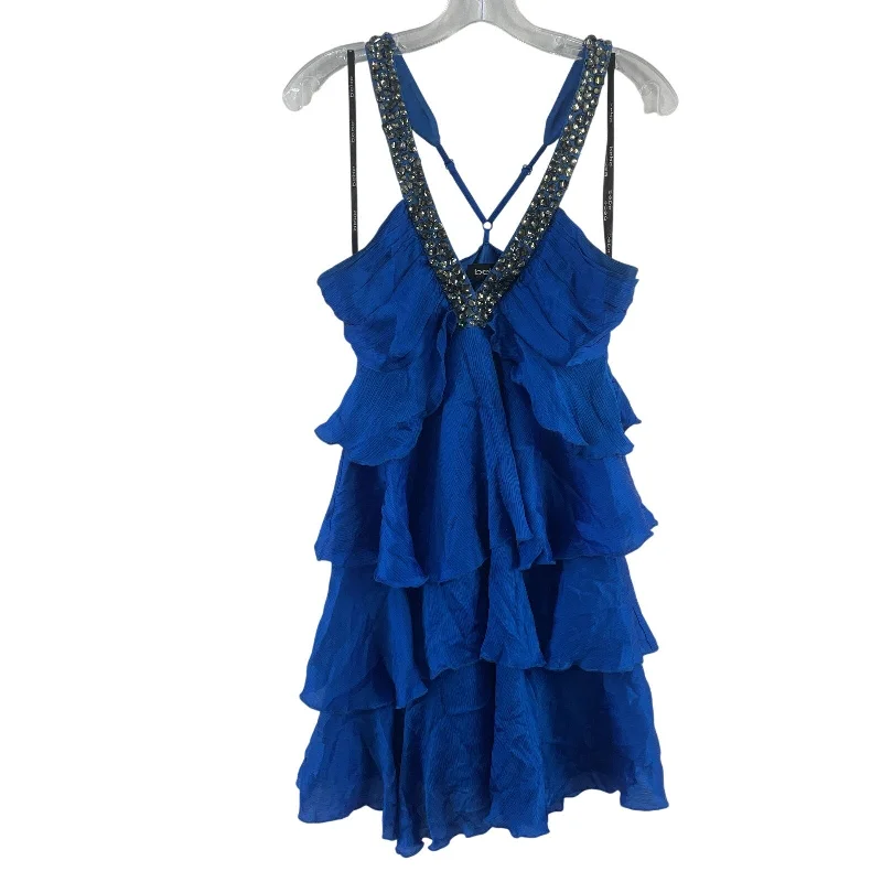 Bebe Blue Silk Ruffle Tiered Bejeweled Halter Dress Women’s Size Small Preowned Polka dot unclassified dresses