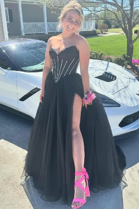 Black A-Line Strapless V-Neck Empire-Waist High Slit Prom Dress High-end unclassified dresses