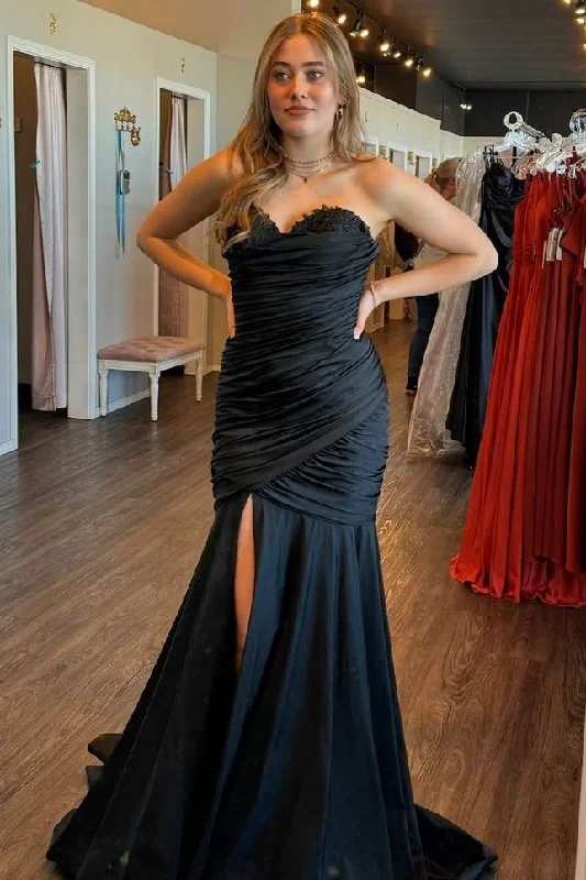 Black Strapless Sweetheart Mermaid Pleated Formal Prom Dress with Slit Preppy unclassified dresses