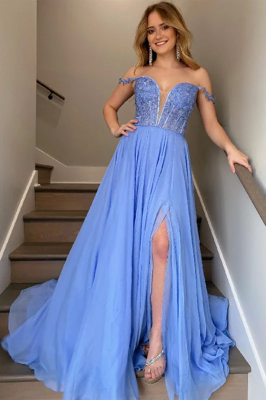 Periwinkle Off-the-Shoulder A-line Princess Prom Gown Tiered unclassified dresses