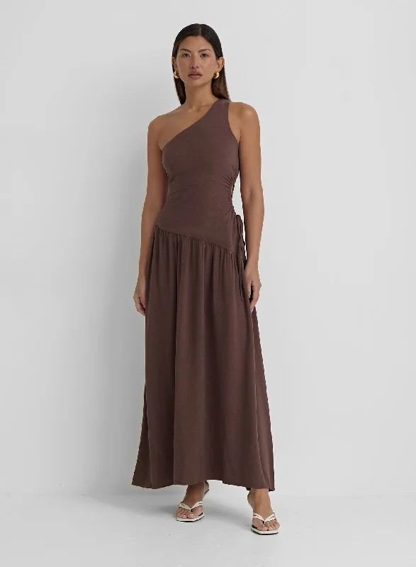 Brown Linen One Shoulder Cut Out Detail Dress- Clara Cocktail unclassified dresses