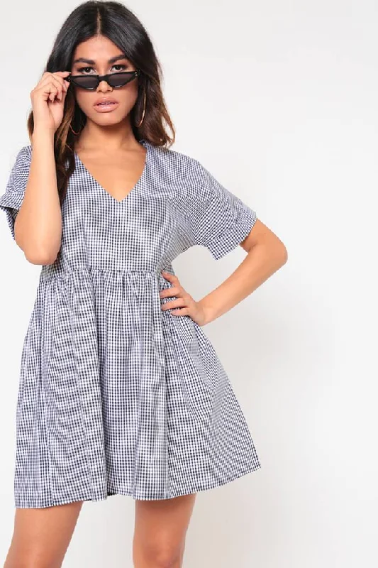 Black/White Checked Print V-Neck Smock Dress Travel unclassified dresses