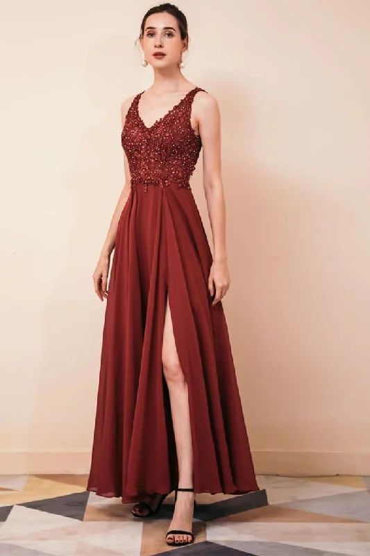 Chiffon V-neck High Side Slit Prom Gown with Applique Floral unclassified dresses