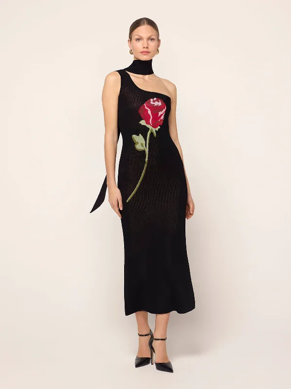 Chloe Black Rose One Shoulder Knit Dress A-line unclassified dresses