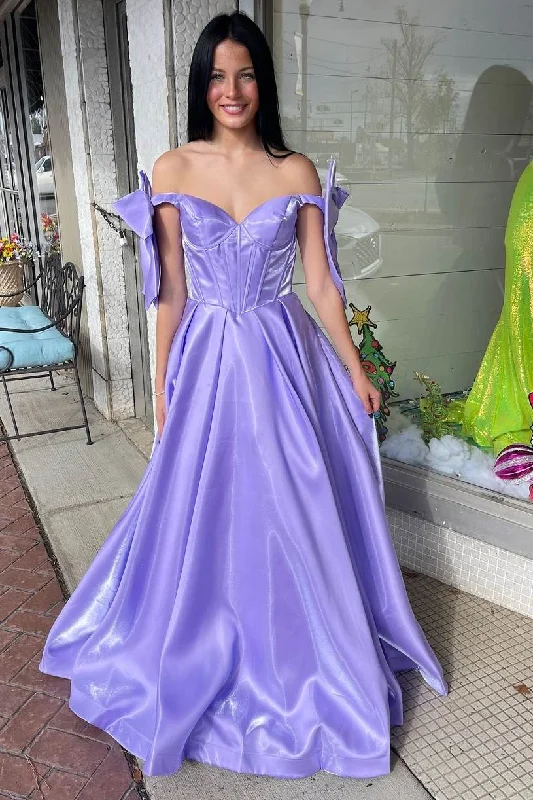 Classy Off-Shoulder Bow A-Line Pleated Empire-Waist Prom Dress Stretchy unclassified dresses