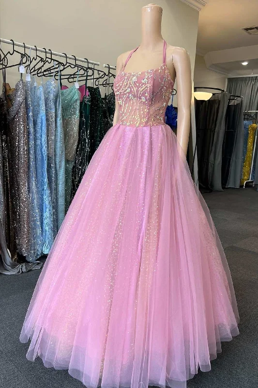 Fairy-Tale Pink Halter A-Line Prom Gown Sexy unclassified dresses