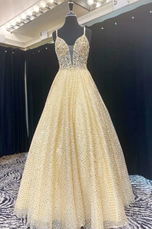 Fairy-Tale Yellow Beaded Plunge Neck A-Line Prom Gown Festival unclassified dresses