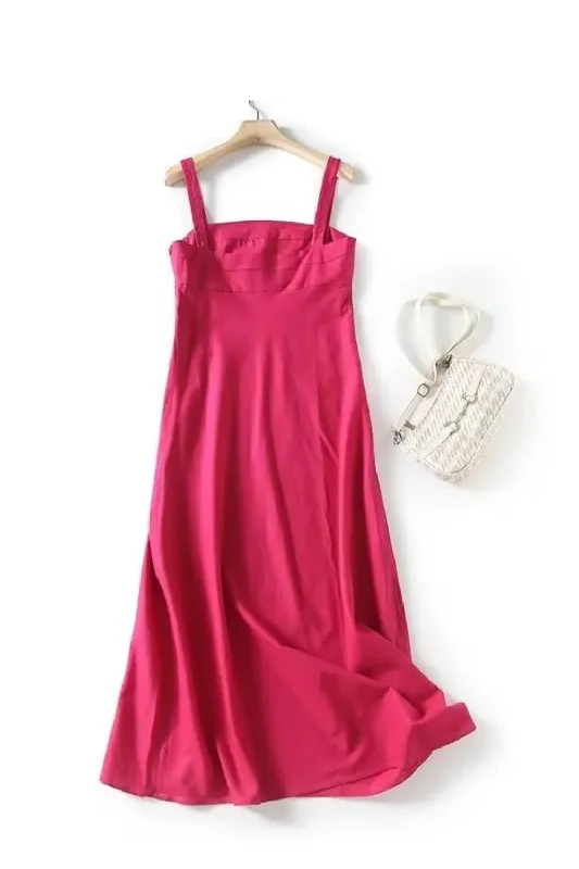 French Elegant Ladies Dress Women Rose Red Sleeveless Dress Vacation Summer Casual Earthy tone unclassified dresses