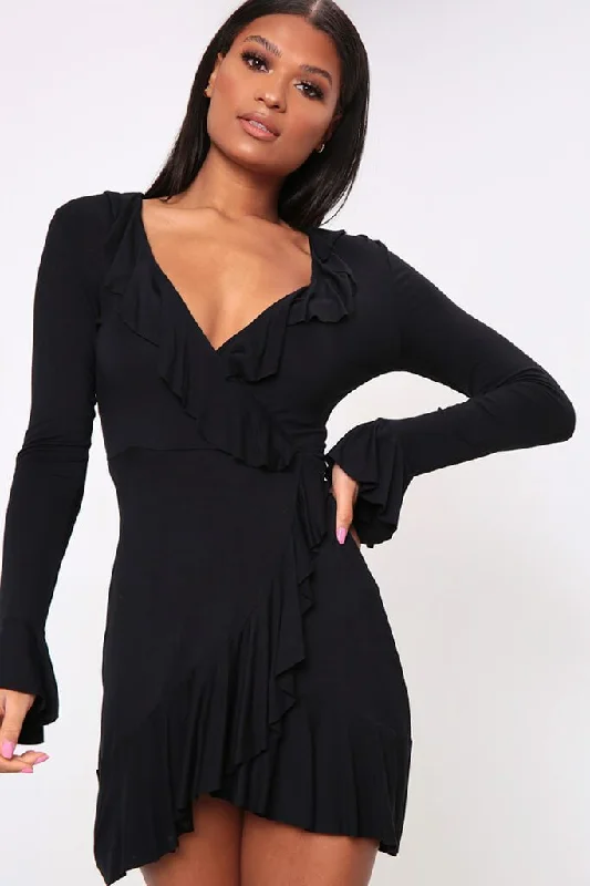 Black Frill Wrap Dress Halter unclassified dresses