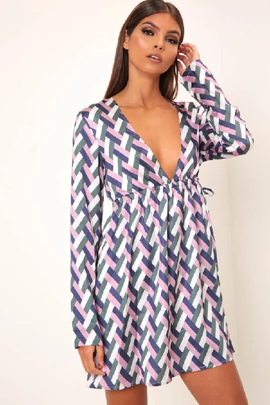 Pink Geometric Ruched Detail Smock Dress Sexy unclassified dresses