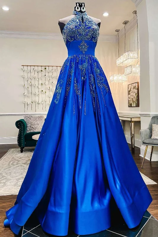 Glamorous Royal Blue Satin Beaded Halter A-Line Prom Gown Formal unclassified dresses