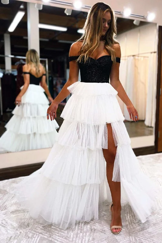 Glitter Black and White Off-the-Shoulder Tiered Prom Dress Silk unclassified dresses