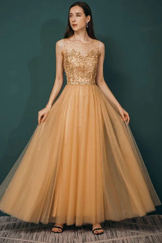 Gold Sleeveless Appliques Prom Gown Mesh unclassified dresses